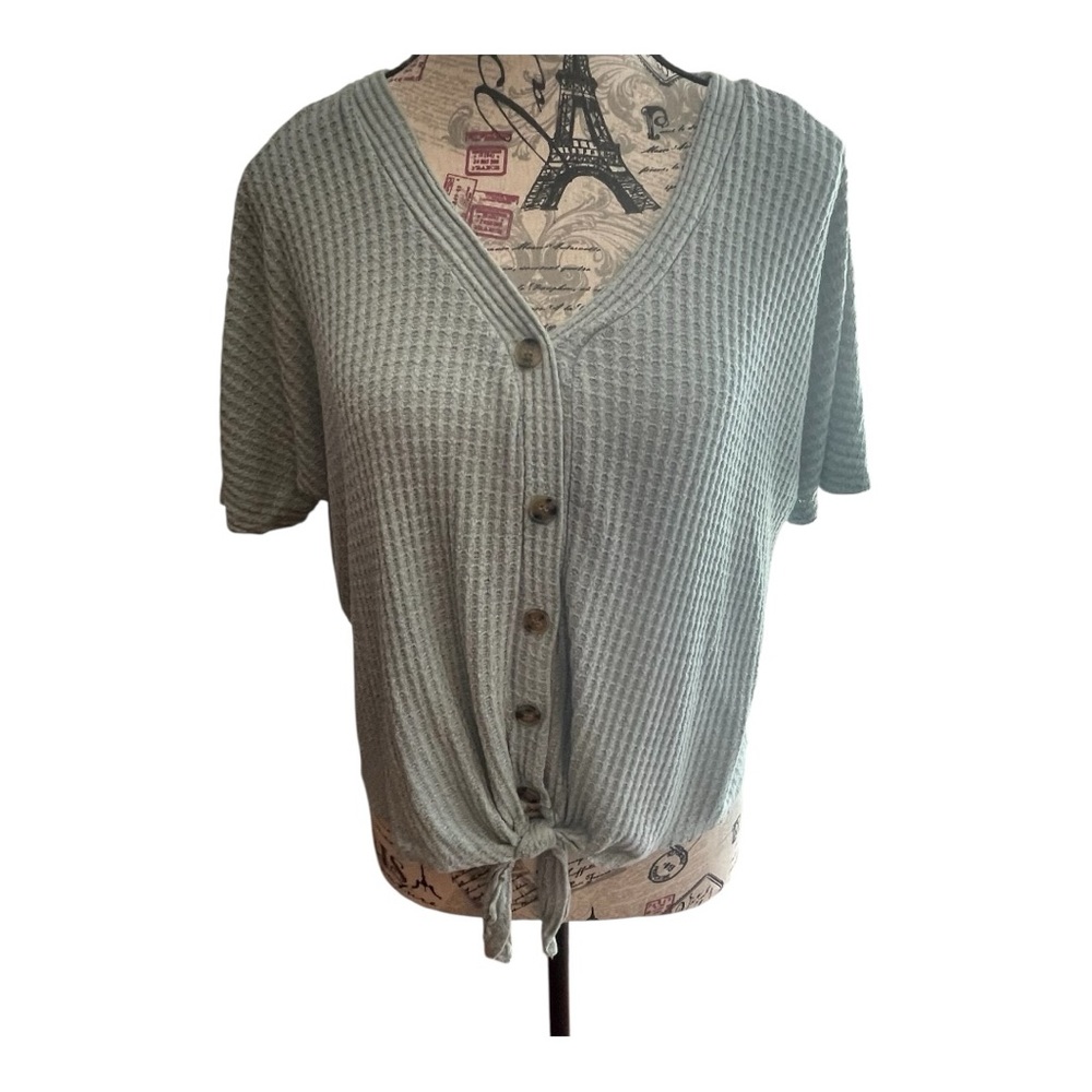 Pink Republic Light Blue Button-Down Waffle Top